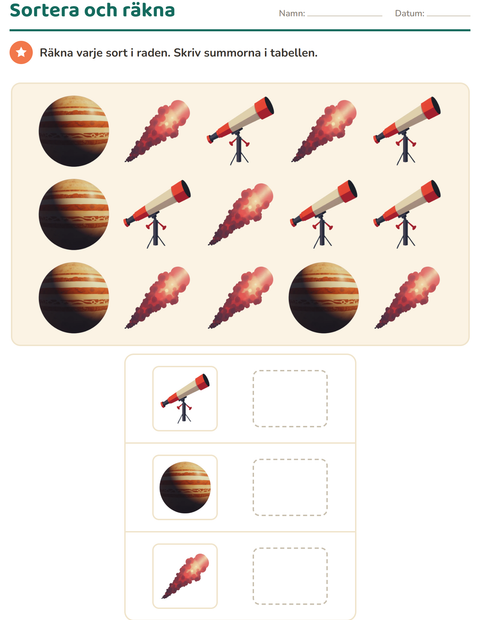 Förhandsvisning av Diagram-arbetsblad med Rymden för Årskurs 1