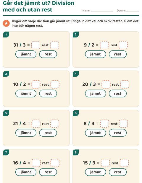 Förhandsvisning av Division med rest-arbetsblad för Årskurs 3