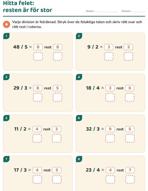Förhandsvisning av Division med rest-arbetsblad för Årskurs 3