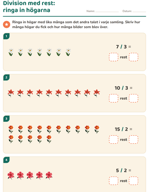 Förhandsvisning av Division med rest-arbetsblad med Blommor för Årskurs 3