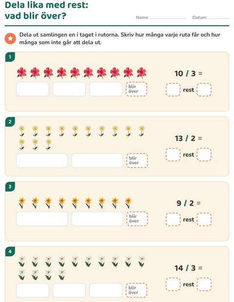 Förhandsvisning av Division med rest-arbetsblad med Blommor för Årskurs 3