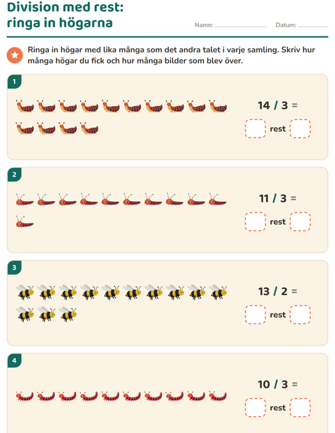 Förhandsvisning av Division med rest-arbetsblad med Insekter och kryp för Årskurs 3