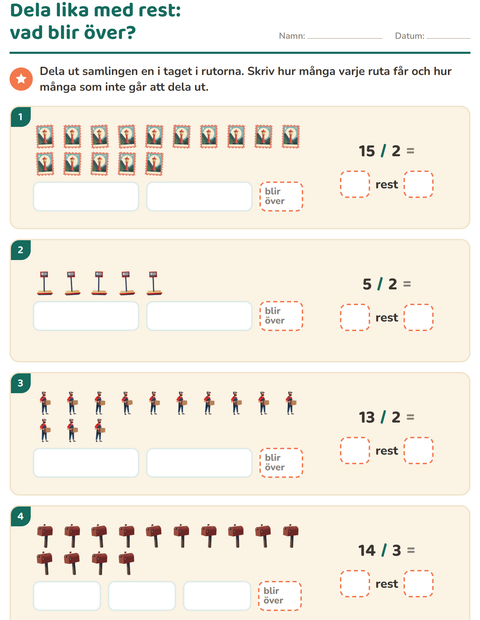 Förhandsvisning av Division med rest-arbetsblad med Postkontor för Årskurs 3