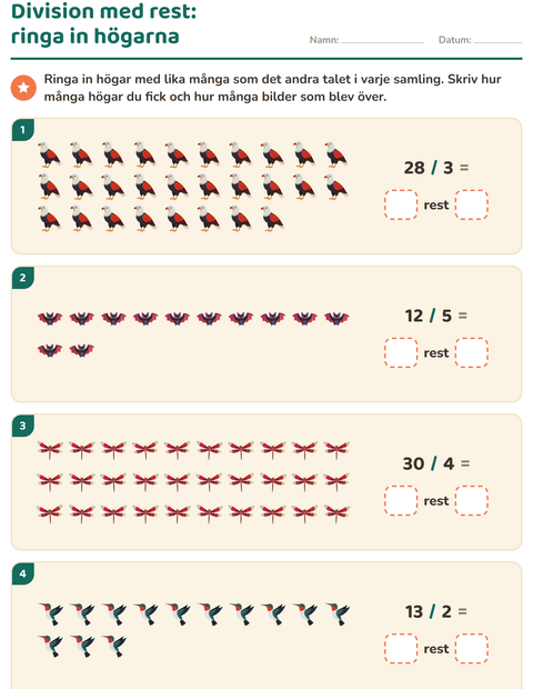 Förhandsvisning av Division med rest-arbetsblad med Saker som flyger för Årskurs 3