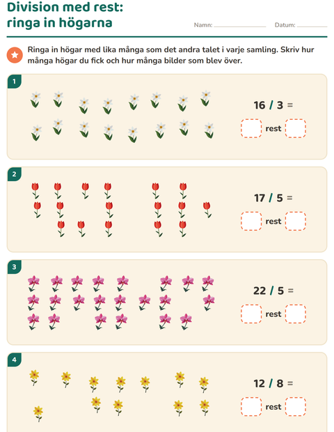 Förhandsvisning av Division med rest-arbetsblad med Blommor för Årskurs 3