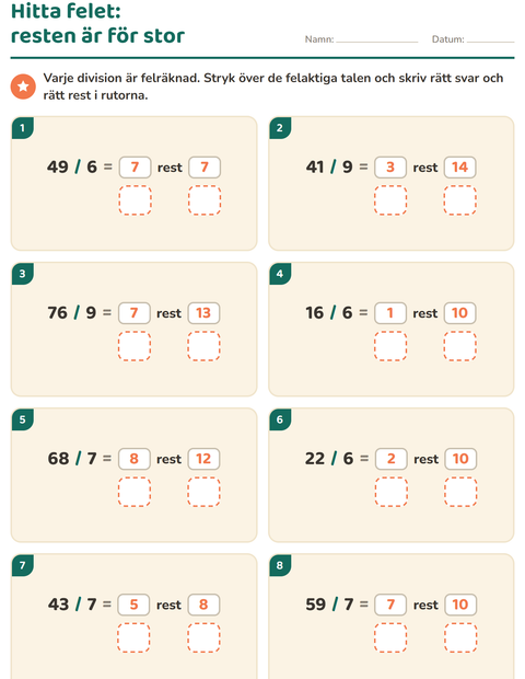 Förhandsvisning av Division med rest-arbetsblad för Årskurs 3