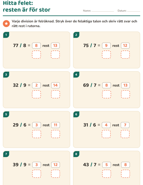 Förhandsvisning av Division med rest-arbetsblad för Årskurs 3