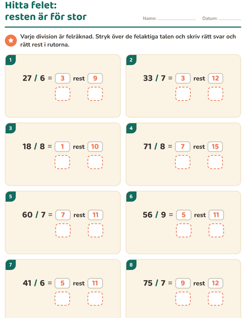 Förhandsvisning av Division med rest-arbetsblad för Årskurs 3
