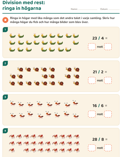 Förhandsvisning av Division med rest-arbetsblad med Insekter och kryp för Årskurs 3
