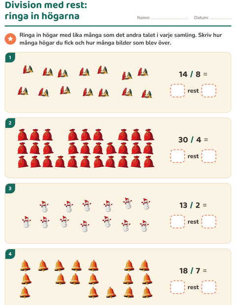 Förhandsvisning av Division med rest-arbetsblad med Jul för Årskurs 3