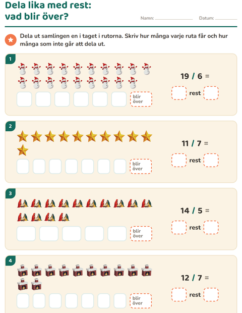 Förhandsvisning av Division med rest-arbetsblad med Jul för Årskurs 3