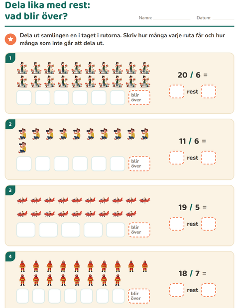 Förhandsvisning av Division med rest-arbetsblad med Yrken för Årskurs 3