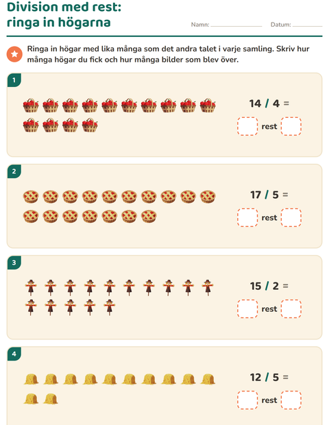 Förhandsvisning av Division med rest-arbetsblad med Thanksgiving för Årskurs 3
