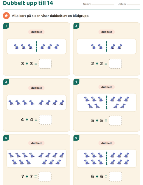 Förhandsvisning av Dubbelt och hälften-arbetsblad med Dinosaurier för Årskurs 1