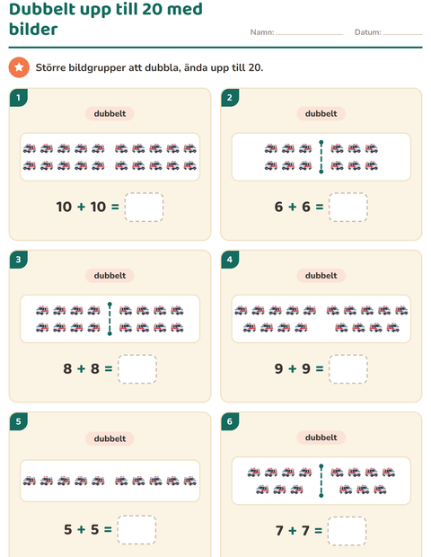 Förhandsvisning av Dubbelt och hälften-arbetsblad med Fordon för Årskurs 1