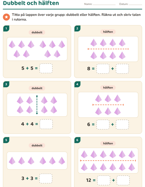 Förhandsvisning av Dubbelt och hälften-arbetsblad med Former för Årskurs 1
