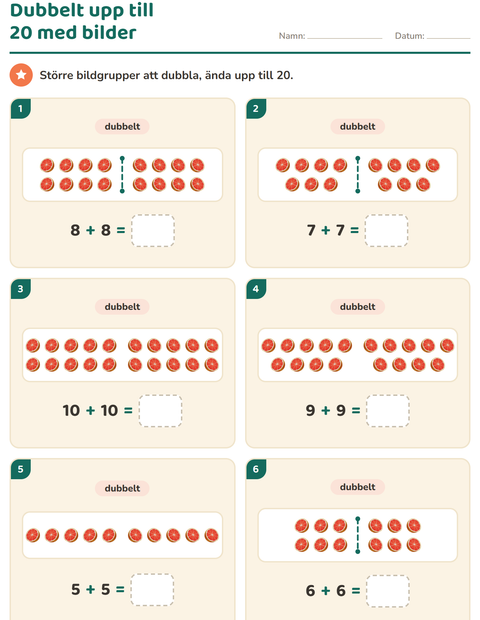 Förhandsvisning av Dubbelt och hälften-arbetsblad med Frukost för Årskurs 1