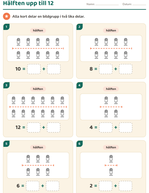 Förhandsvisning av Dubbelt och hälften-arbetsblad med Klassrum (S/V) för Årskurs 1