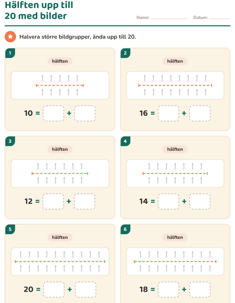Förhandsvisning av Dubbelt och hälften-arbetsblad med Kök SV för Årskurs 1