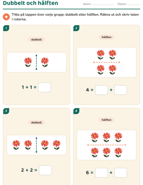 Förhandsvisning av Dubbelt och hälften-arbetsblad med Blommor för Årskurs 1