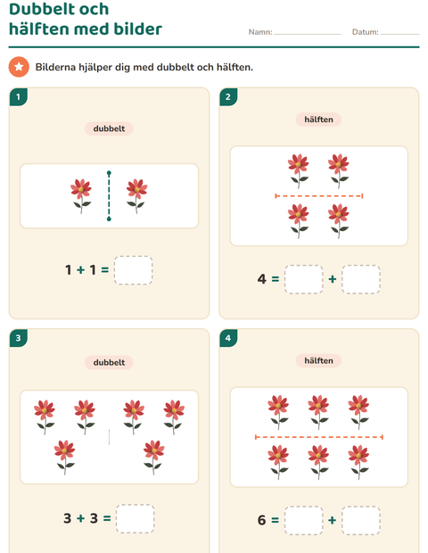 Förhandsvisning av Dubbelt och hälften-arbetsblad med Blommor för Årskurs 1