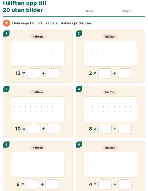Förhandsvisning av Dubbelt och hälften-arbetsblad för Årskurs 1