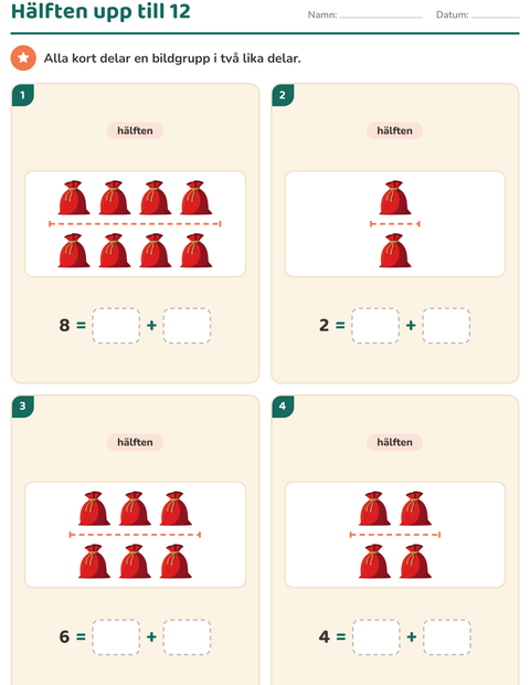 Förhandsvisning av Dubbelt och hälften-arbetsblad med Jul för Årskurs 1