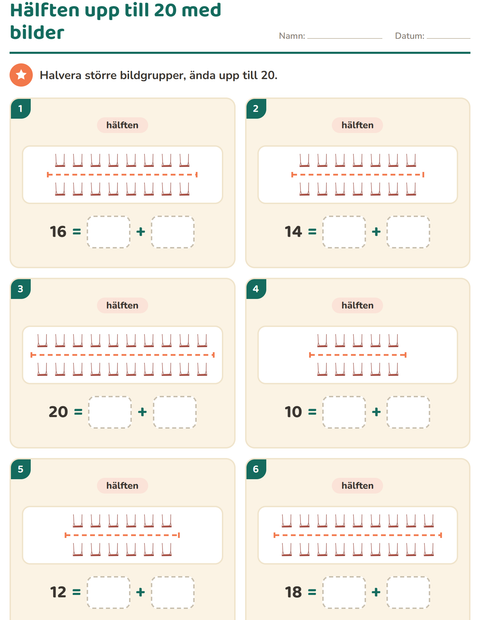 Hälften upp till 20 med bilder – dela grupper från 10 till 20