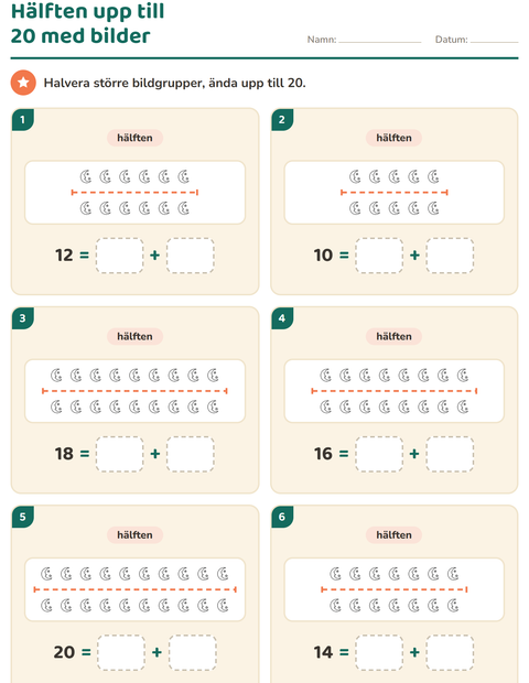 Förhandsvisning av Dubbelt och hälften-arbetsblad med Rymden SV för Årskurs 1