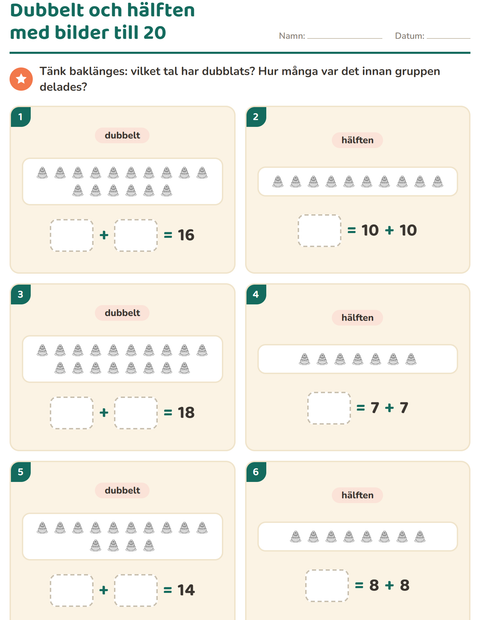 Förhandsvisning av Dubbelt och hälften-arbetsblad med Alla hjärtans dag SV för Årskurs 1