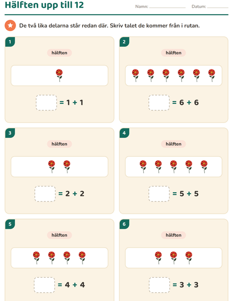 Förhandsvisning av Dubbelt och hälften-arbetsblad med Blommor för Årskurs 1