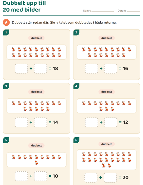 Förhandsvisning av Dubbelt och hälften-arbetsblad med Camping för Årskurs 1