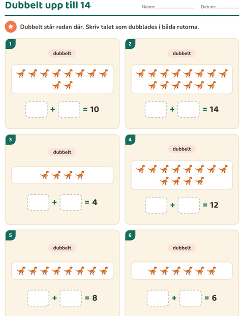 Förhandsvisning av Dubbelt och hälften-arbetsblad med Dinosaurier för Årskurs 1