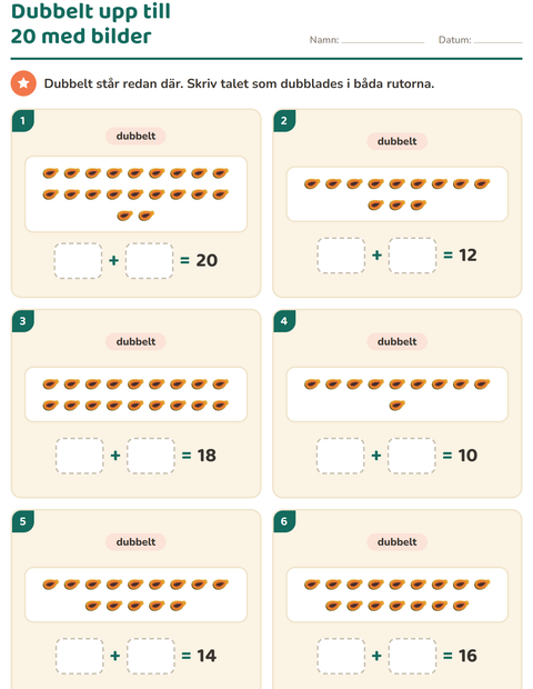 Förhandsvisning av Dubbelt och hälften-arbetsblad med Frukter för Årskurs 1