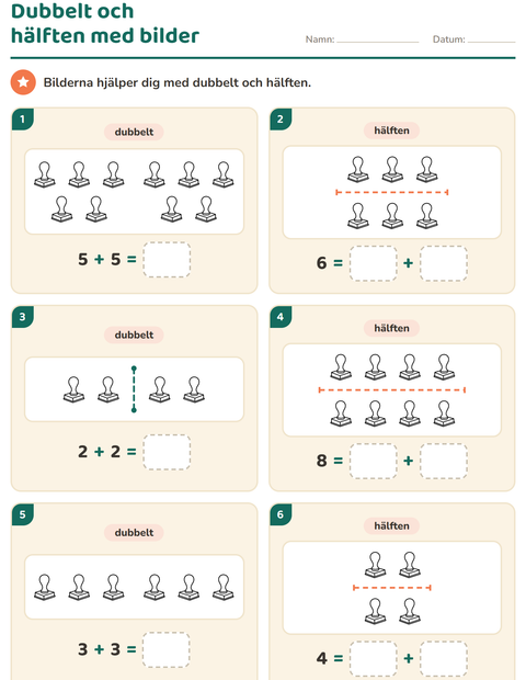 Förhandsvisning av Dubbelt och hälften-arbetsblad med Klassrum (S/V) för Årskurs 1