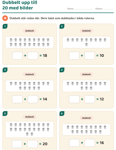 Förhandsvisning av Dubbelt och hälften-arbetsblad med Mat SV 3 för Årskurs 1