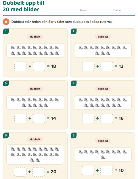 Förhandsvisning av Dubbelt och hälften-arbetsblad med Objekt SV för Årskurs 1