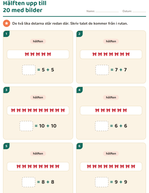 Förhandsvisning av Dubbelt och hälften-arbetsblad med Påsk för Årskurs 1