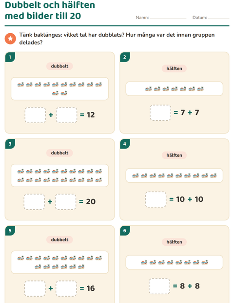 Förhandsvisning av Dubbelt och hälften-arbetsblad med Sommar för Årskurs 1