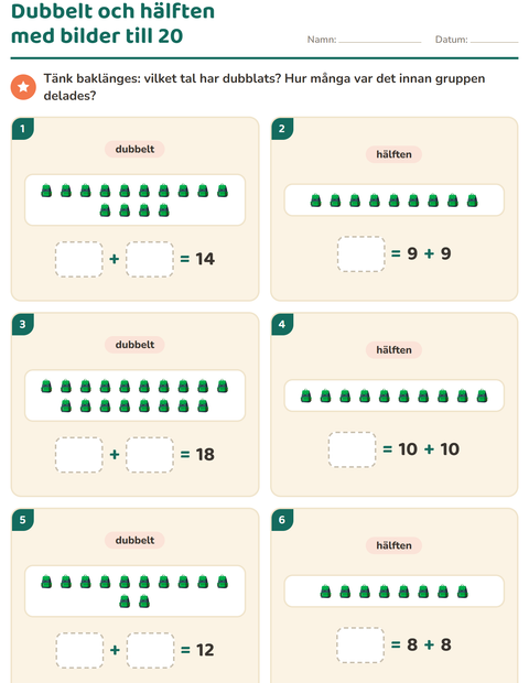 Förhandsvisning av Dubbelt och hälften-arbetsblad med Tillbehör för Årskurs 1