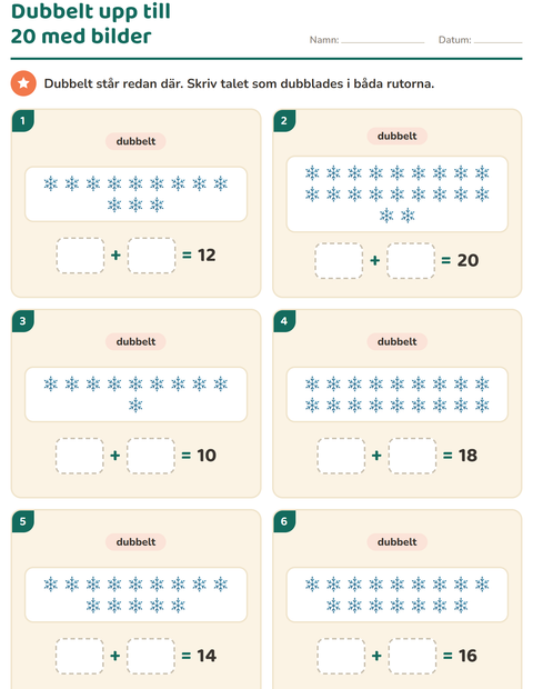 Förhandsvisning av Dubbelt och hälften-arbetsblad med Vinter för Årskurs 1