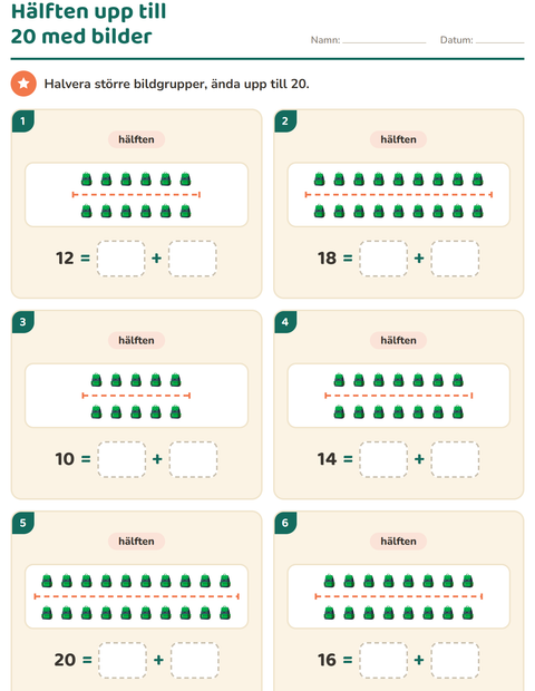 Förhandsvisning av Dubbelt och hälften-arbetsblad med Tillbehör för Årskurs 1