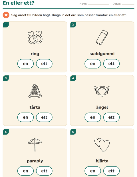 Förhandsvisning av En eller ett-arbetsblad med Alla hjärtans dag SV för Förskoleklass