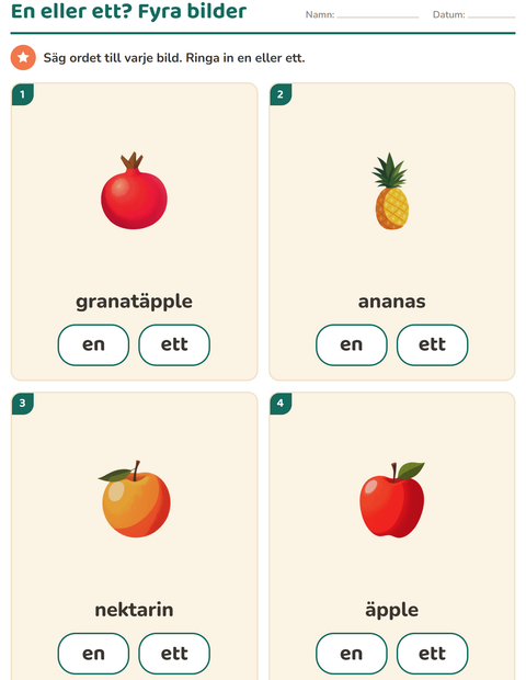 Förhandsvisning av En eller ett-arbetsblad med Frukter för Förskoleklass