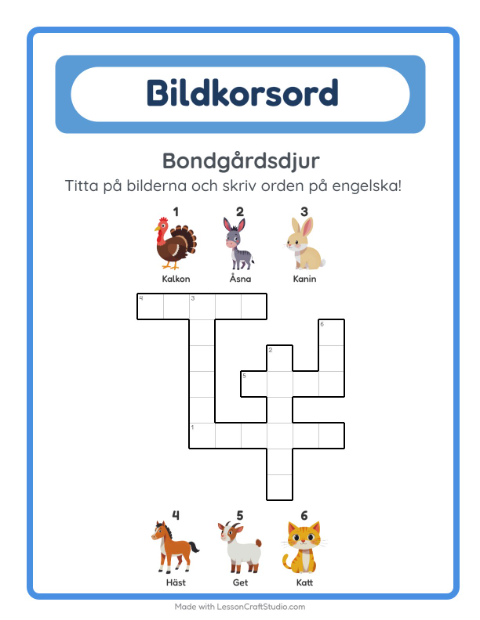 Förhandsvisning av Lär dig engelska: Bondgårdsdjur – korsord för barn