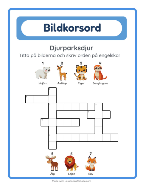 Engelskt bildkorsord – Djurparksdjur