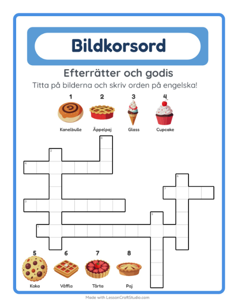 Engelskt bildkorsord – Efterrätter och godis
