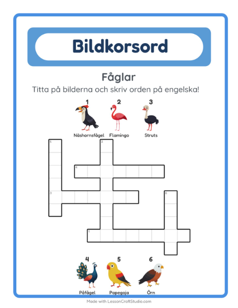 Engelskt bildkorsord – Fåglar
