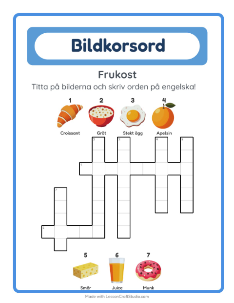 Förhandsvisning av Lär dig engelska: Frukost – korsord för barn
