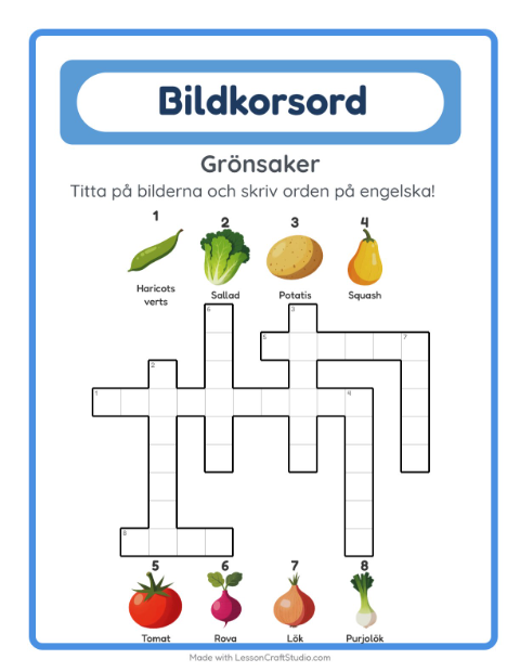 Förhandsvisning av Lär dig engelska: Grönsaker – korsord för barn